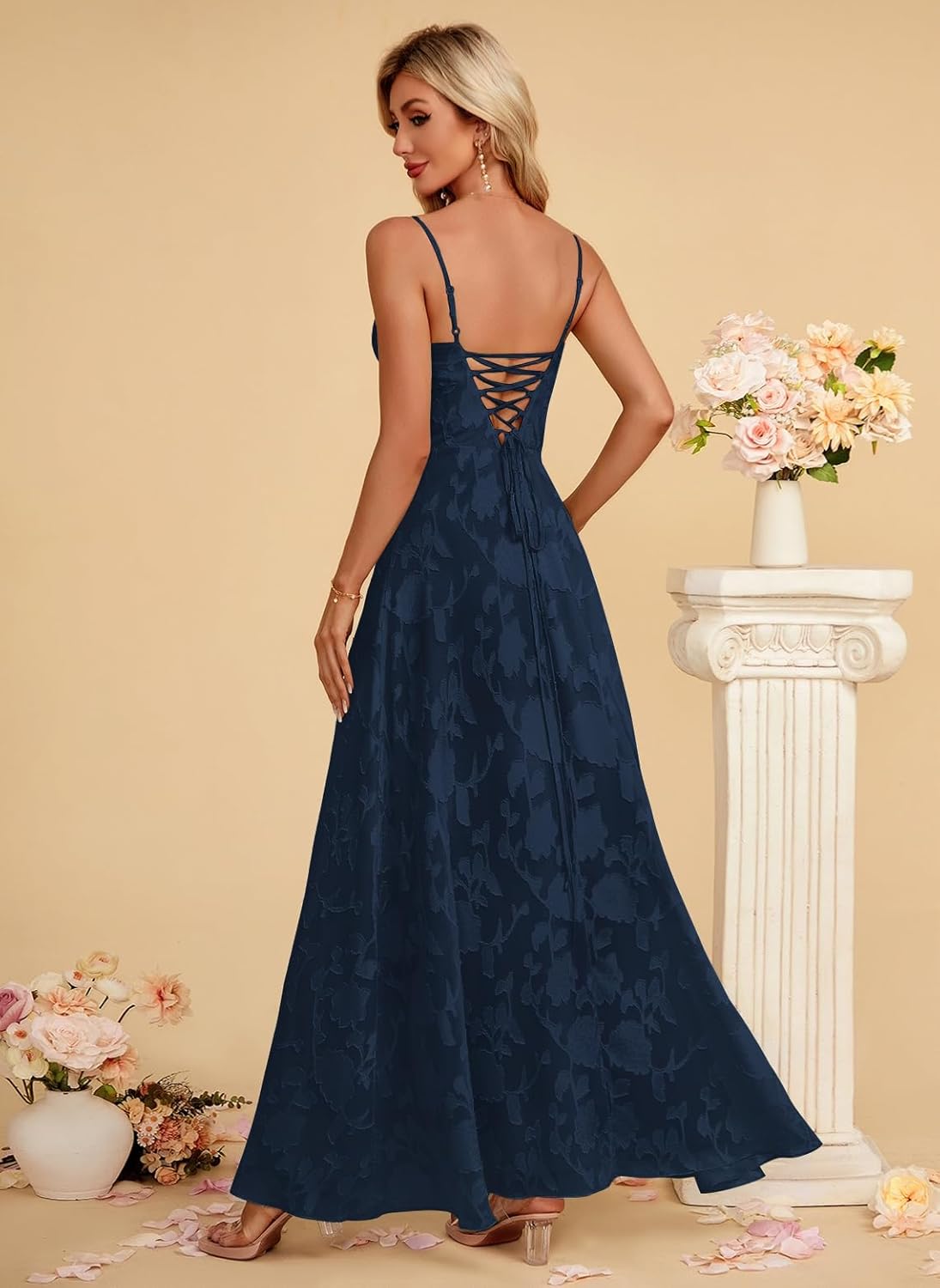 Women's Elegant Wedding Guest Dress Spaghetti Straps Floral Sleeveless Formal Dress Maxi Gown