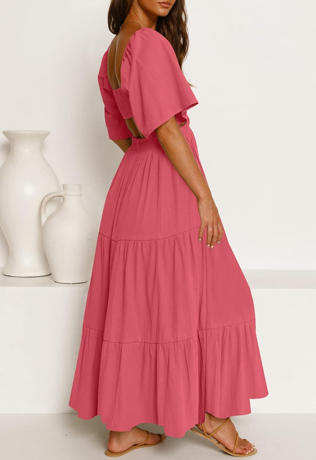 LEANI Women's 2025 Summer Cutout Maxi Dress Square Neck Short Sleeve Crossover Waist Casual Party Dresses
