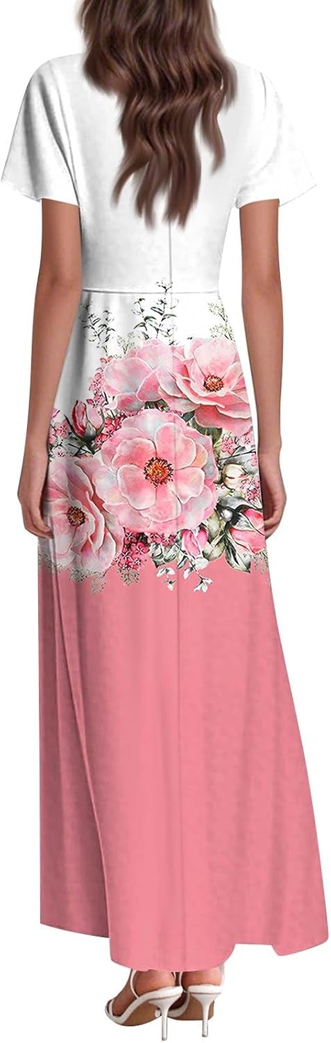 Womens Fashion V Neck Ruffle Short Sleeve Maxi Dress 2025 Summer Elegant Solid Color Flowy A Line Dresses