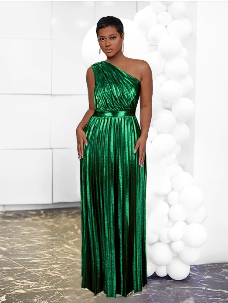 AOMEI Women's Luxury Metallic One Shoulder Sleeveless Elegant Pleated Long Dress