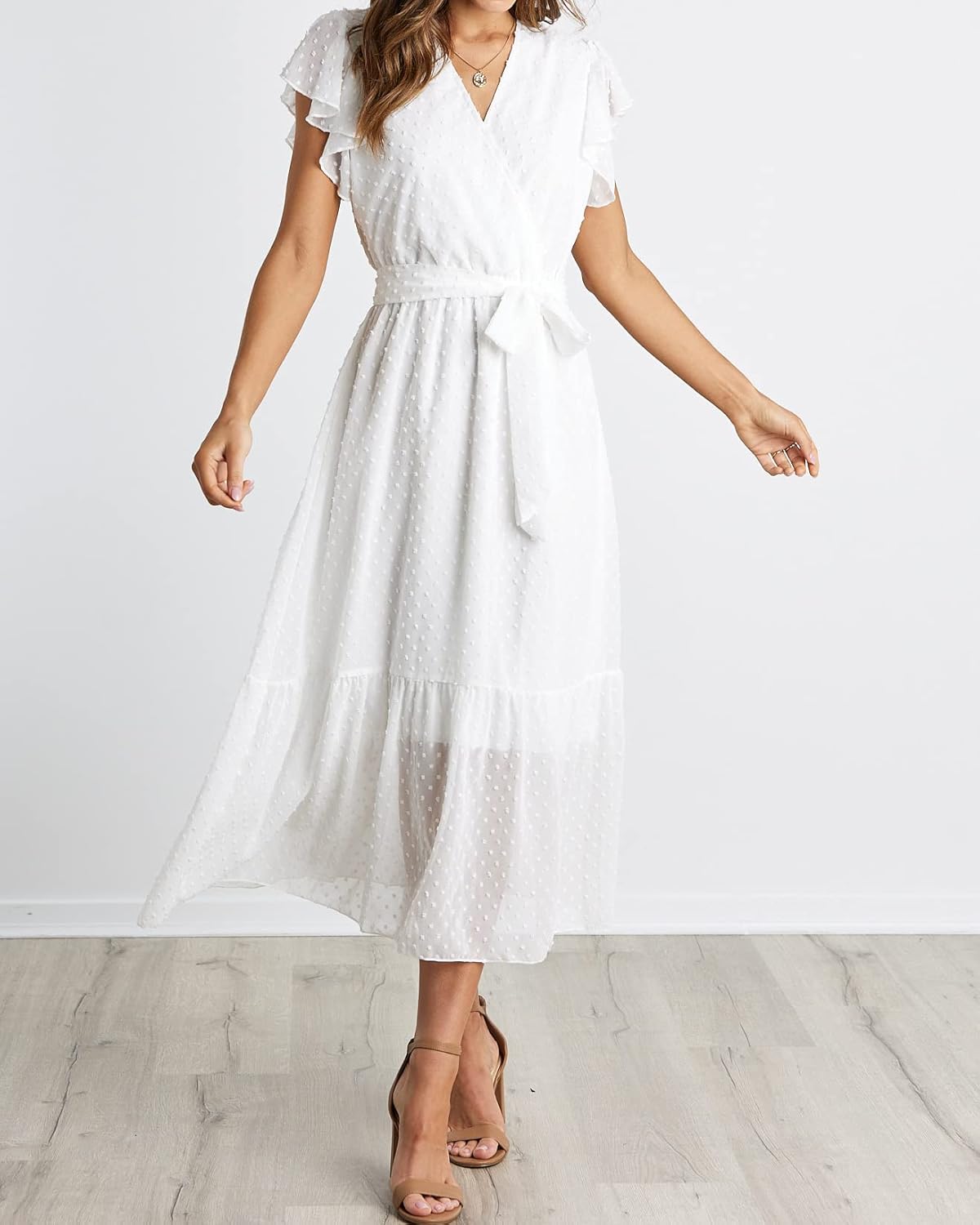 BTFBM Women Summer Bohemian Floral Casual Wrap V Neck Ruffle Cap Sleeveless Belt A-Line Pleated Hem Midi Sun Dress White