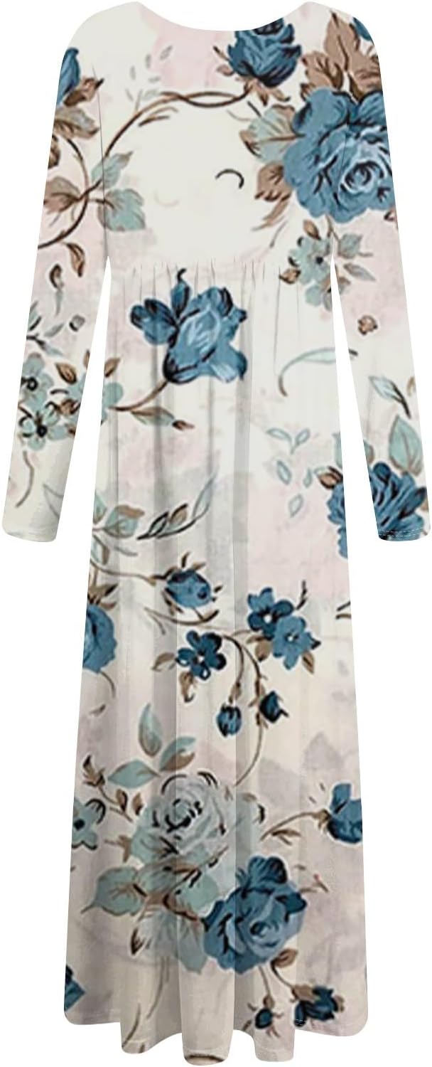 Long Sleeve Maxi Dress for Women Elegant Crew Neck Flowy Swing Dresses Solid Color Wedding Guest Dresses