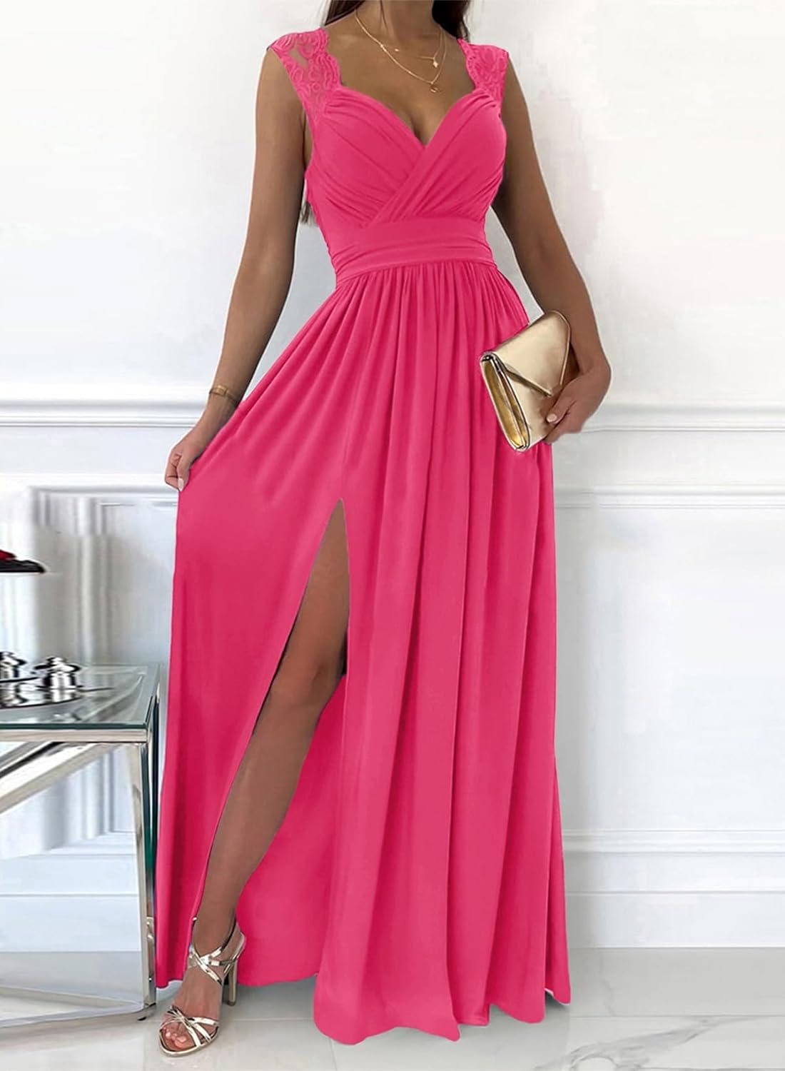 Dokotoo Womens 2025 Formal Dresses Wrap V-Neck Ruched Sexy Bridesmaid Wedding Guest Maxi Dresses