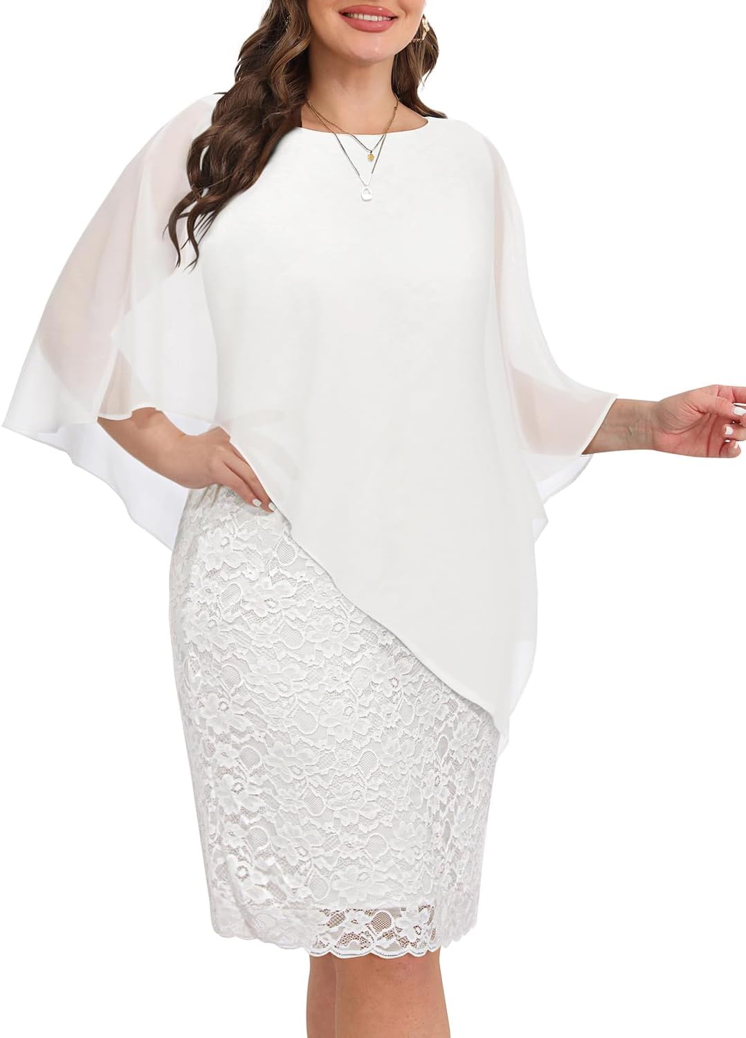 Plus Size Dresses Wedding Guest - Mother Bride Semi Formal Lace Cape with Chiffon Overlay Dresses