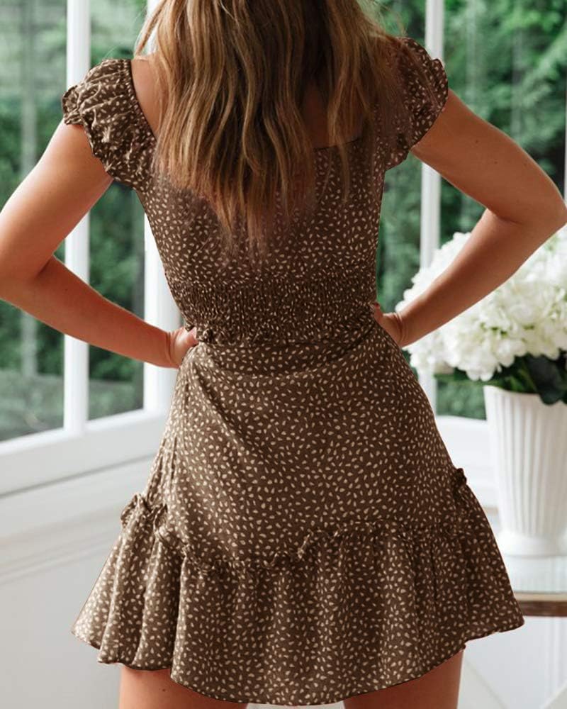 YOBECHO Women's Summer Ruffle Sleeve Sweetheart Neckline Printing Dress Mini Dress
