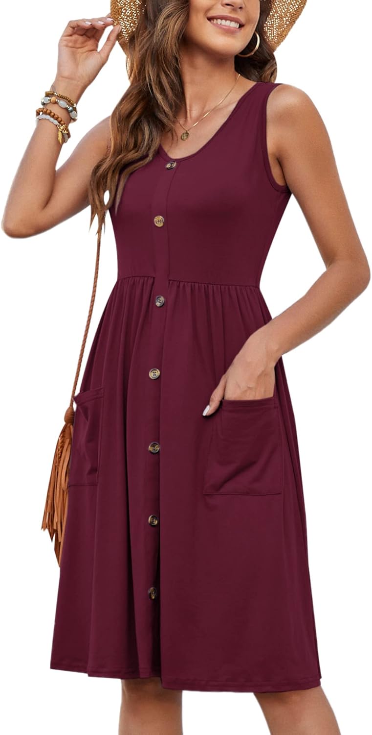 MOLERANI Women Summer Dresses Sleeveless Casual Loose Swing Button Down Midi Dress with Pockets