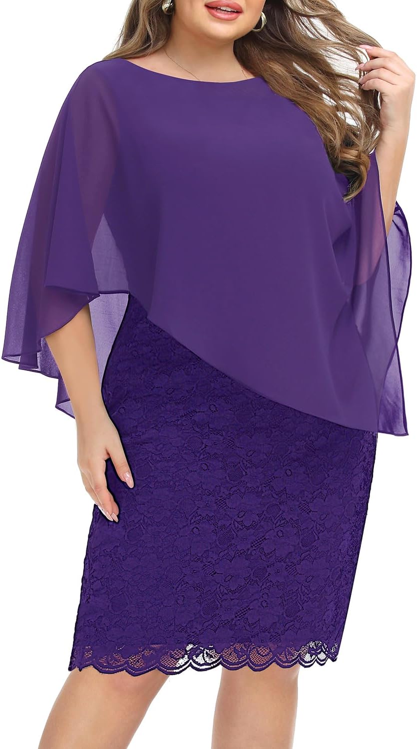Plus Size Dresses Wedding Guest - Mother Bride Semi Formal Lace Cape with Chiffon Overlay Dresses