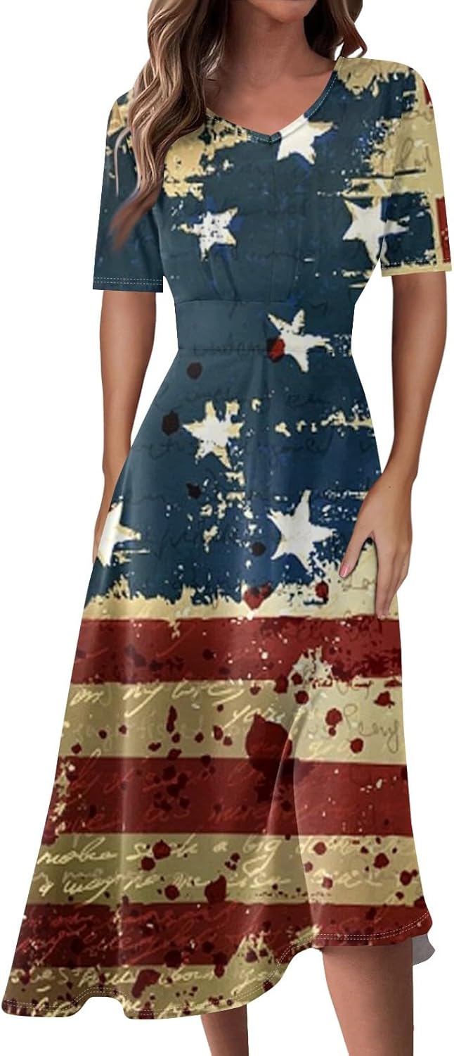Women's Patriotic Star Print Midi Short Sleeve V-Neck Casual A-Line Dress for Summer Parties & Events