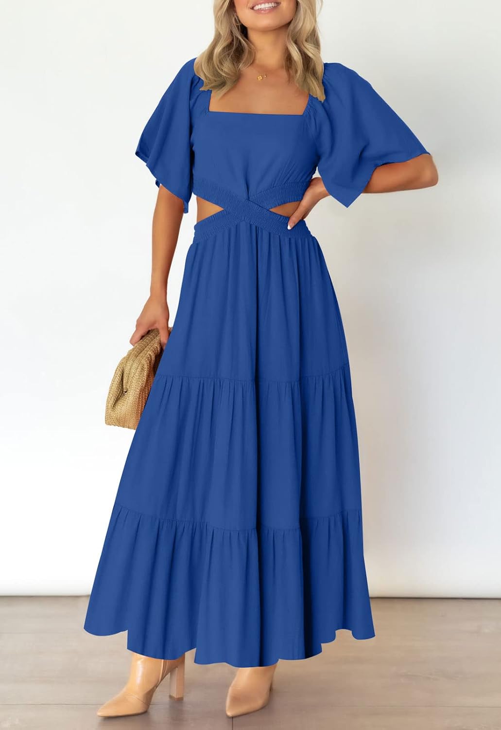 LEANI Women's 2025 Summer Cutout Maxi Dress Square Neck Short Sleeve Crossover Waist Casual Party Dresses