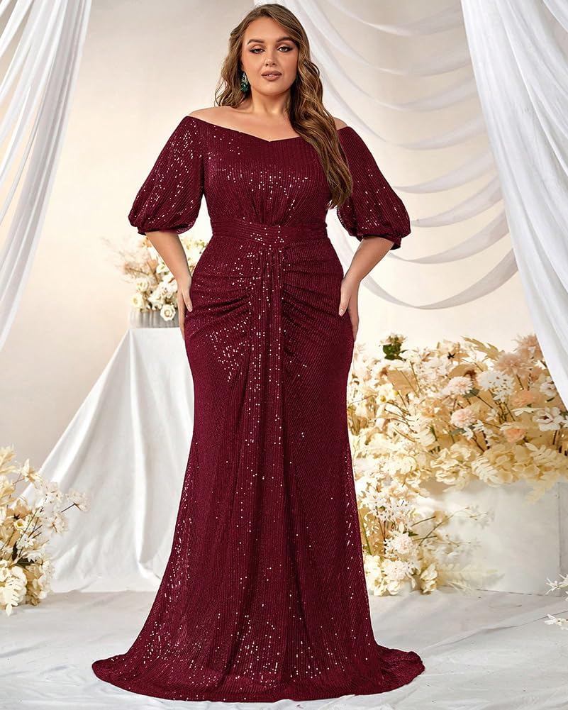 Women's Plus Size Off Shoulder Puff Sleeve Sequin Formal Maxi Dress Evening Party Gowns