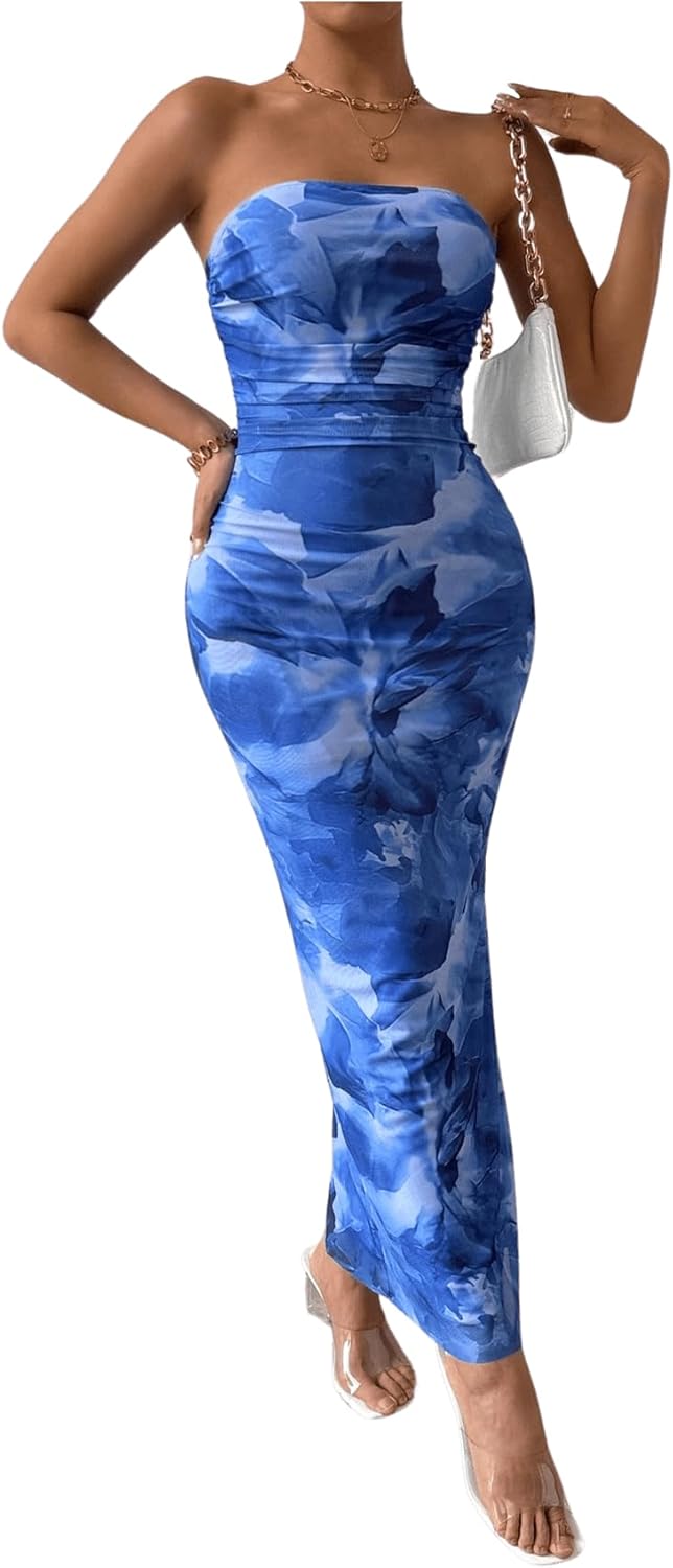 Milumia Women's Printed Strapless Tube Top Long Dress Slit Hem Sleeveless Bodycon Maxi Dresses