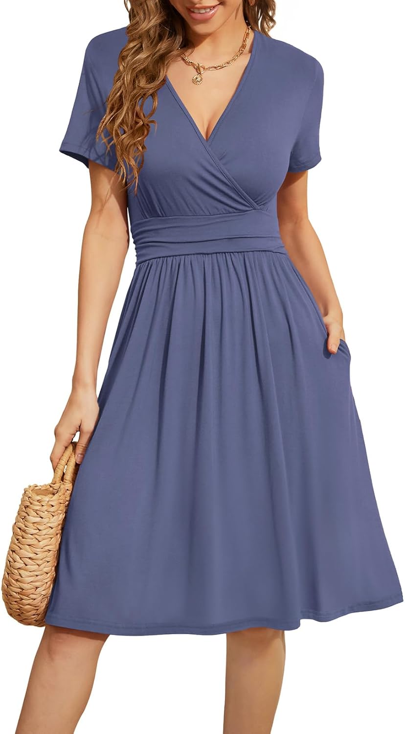 WEACZZY Women's Summer Short Sleeve Casual Dresses V-Neck Floral Party Dress with Pockets