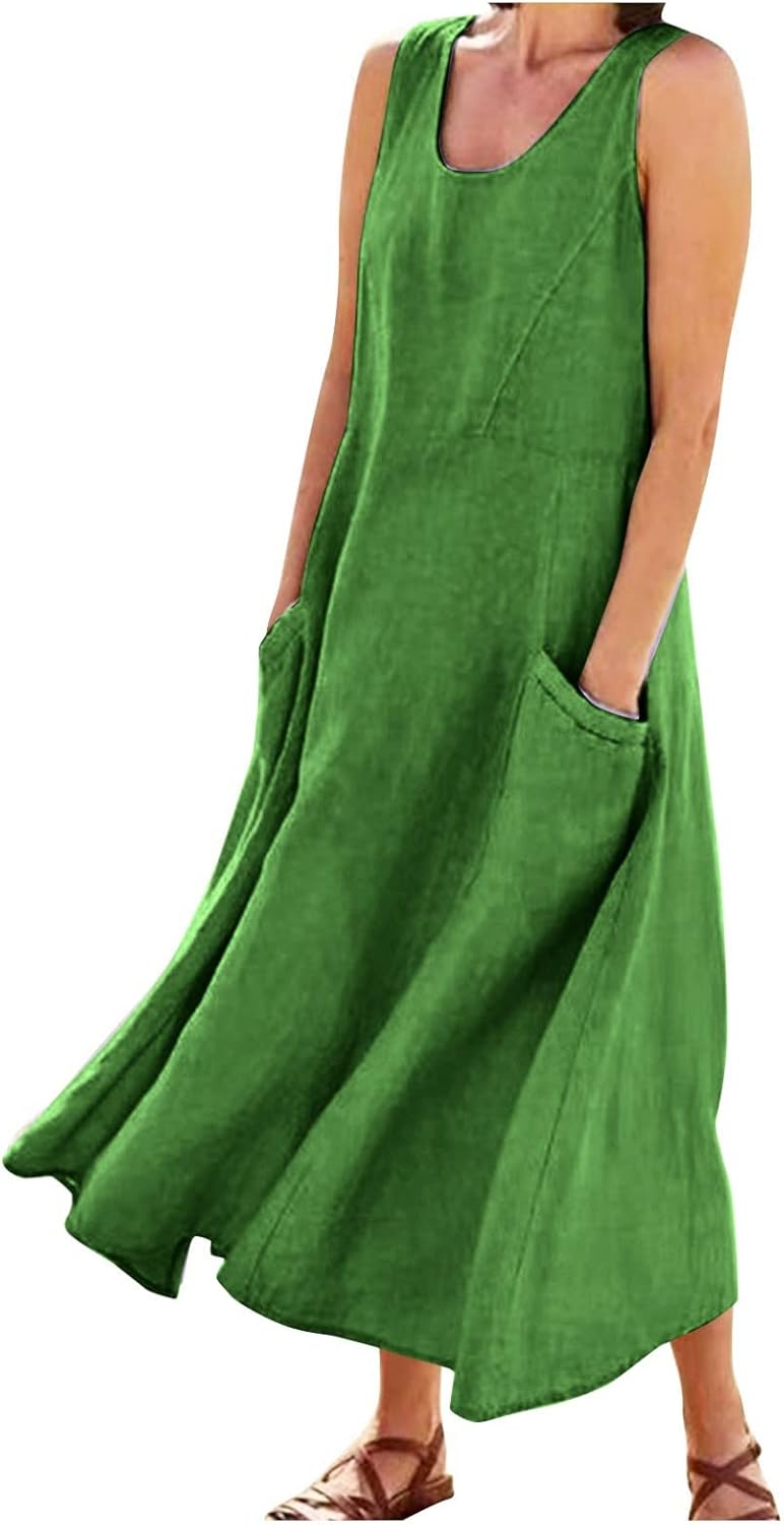 Women's Casual Sleeveless Dresses, Cotton Linen Pocket Dresses Summer Dresses for Women 2024 Sundresses Beach Dress