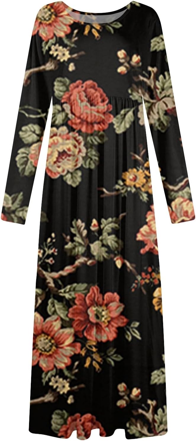 Long Sleeve Maxi Dress for Women Elegant Crew Neck Flowy Swing Dresses Solid Color Wedding Guest Dresses