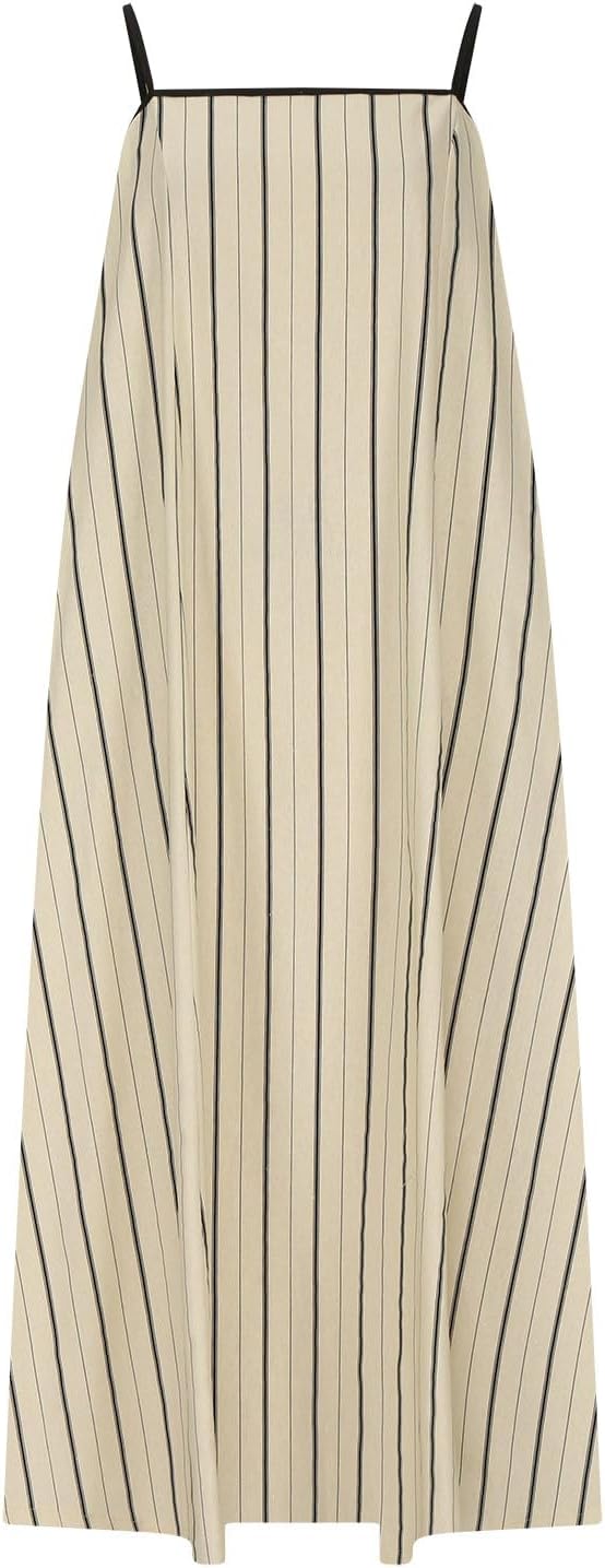 Women's Colorblock Stripe Sleeveless Dress Spaghetti Strap Loose Fit Sling Dresses Summer Mid Calf Length Dress