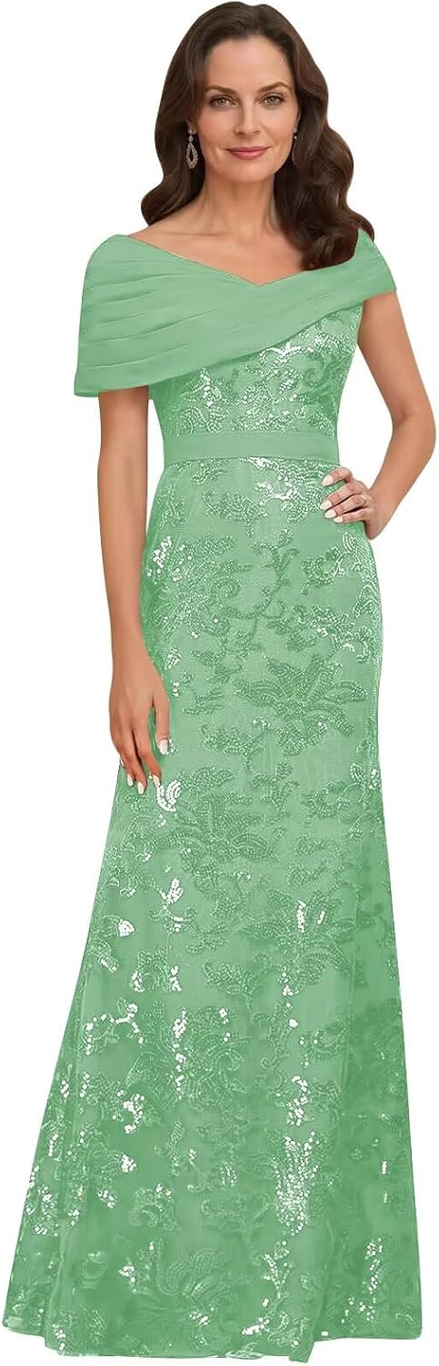 Lace Sequin Mother of The Bride Dresses for Women Long Mermaid Off The Shoulder Formal Evening Dress with Sleeves