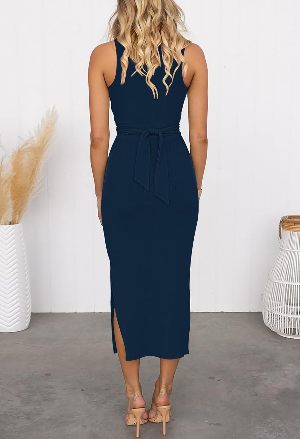 HUUSA Women's Sexy Sleeveless Cut Out Slim Bodycon Dress Crewneck Crisscross Twist Ruched Slit Ribbed Knit Tank Midi Dress