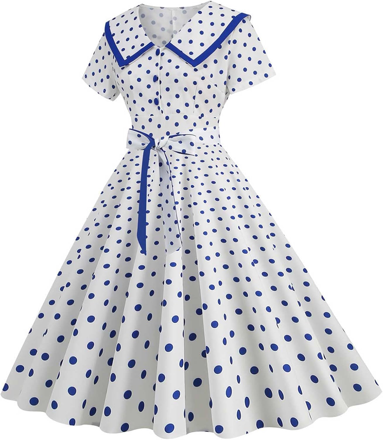 Women's Lapel Rockabilly Dress Cute Polka Dot Print Audrey Dress Button Down Vintage Cocktail Dress 1950s Fairy Dress