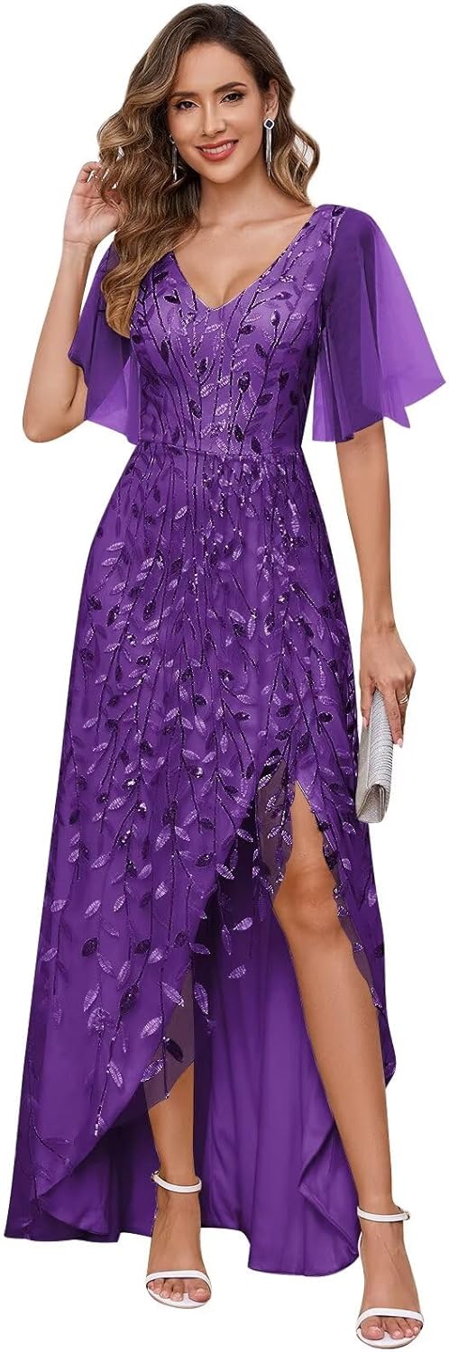 Women's Short Sleeve Mother of The Bride Dresses for Wedding Sparkly Sequin Long Formal Evening Dresses