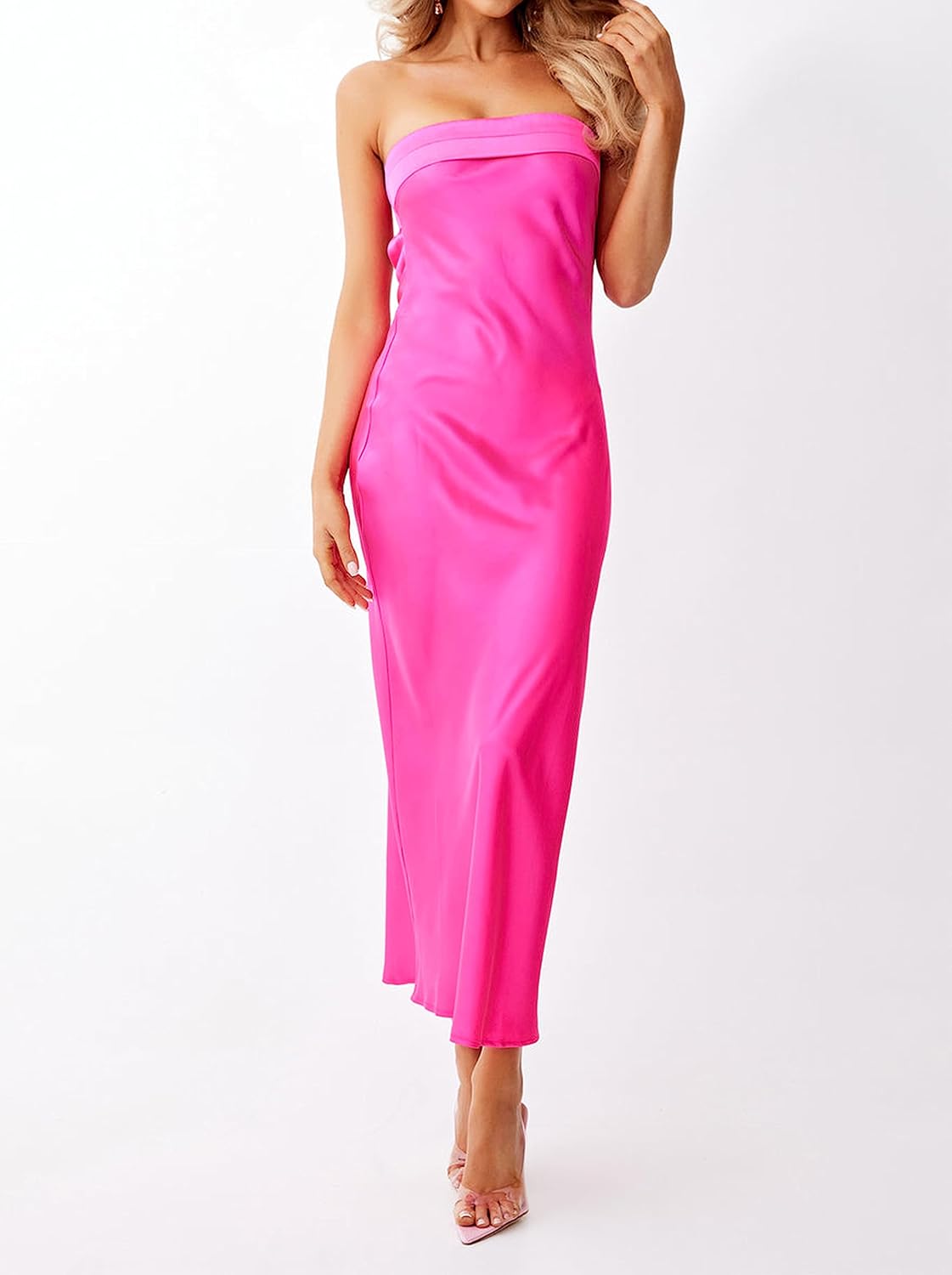 MEROKEETY Women 2025 Summer Strapless Satin Tube Bodycon Backless Wedding Guest Maxi Dress