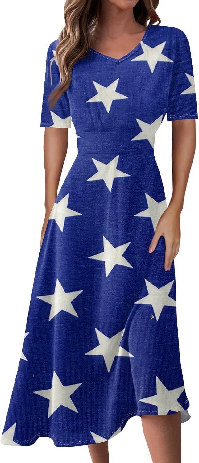 Women's Patriotic Star Print Midi Short Sleeve V-Neck Casual A-Line Dress for Summer Parties & Events