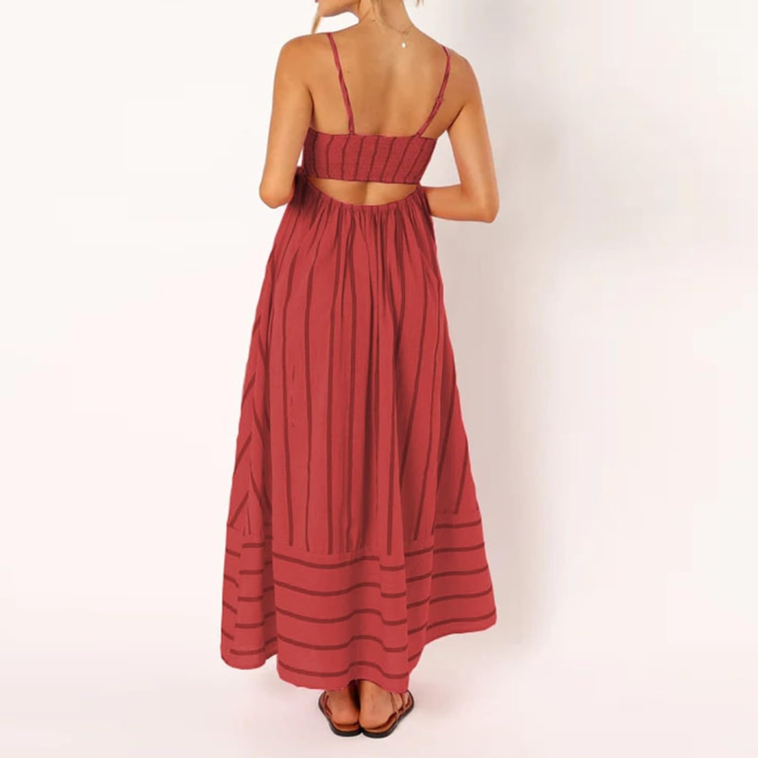 Beach Dresses for Women Summer Striped Back Smocked Maxi Dress Spaghetti Strap Cut Out Flowy A Line Long Sundresses