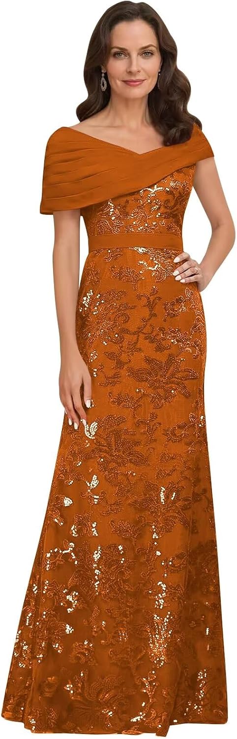 Lace Sequin Mother of The Bride Dresses for Women Long Mermaid Off The Shoulder Formal Evening Dress with Sleeves