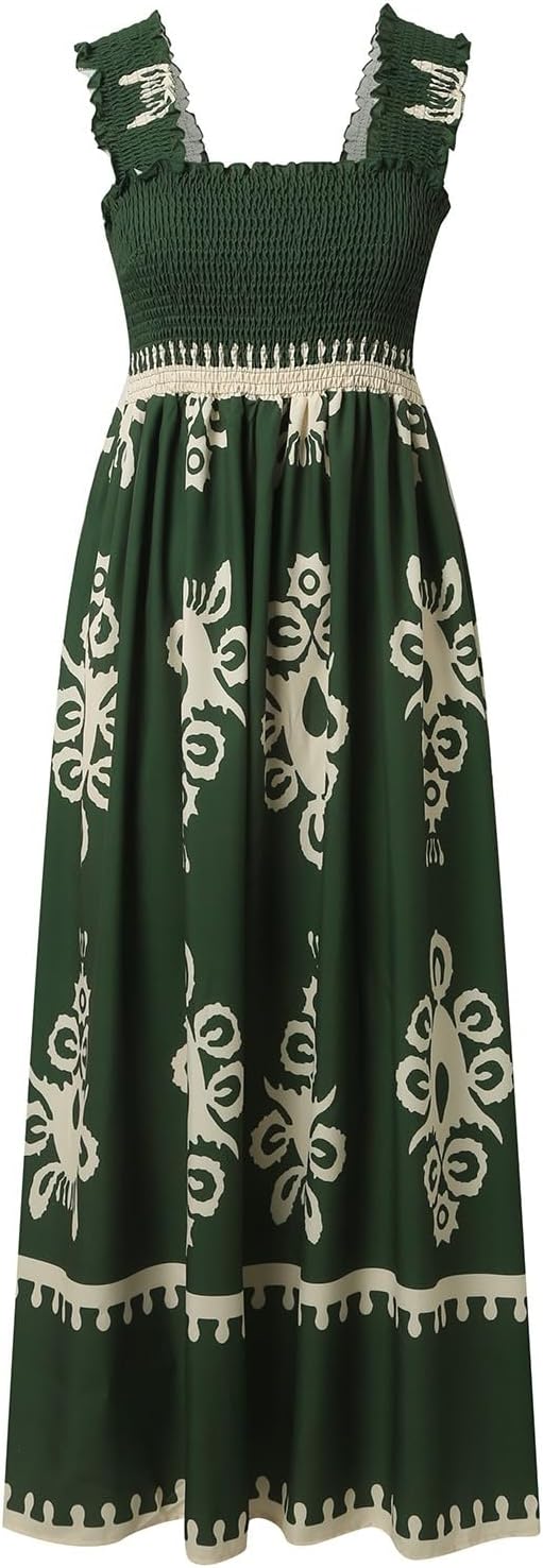 Women's Summer Dresses Sleeveless Casual Boho Maxi Long Dress Square Neck Smocked Floral Beach Vacation Sundresses 3