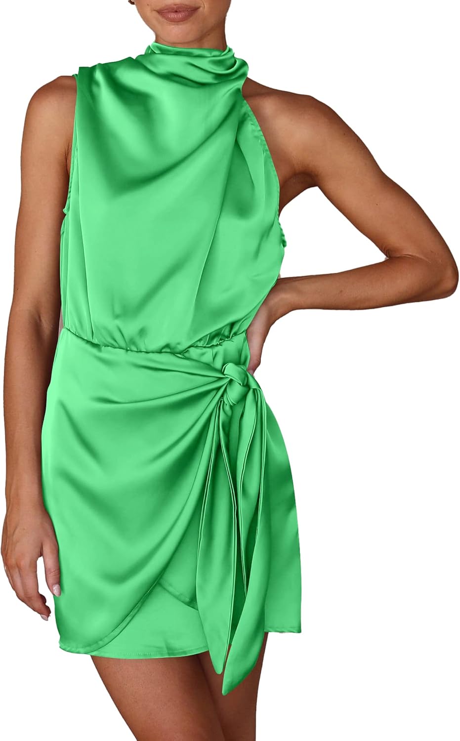 PRETTYGARDEN Women's Short Formal Satin Dress Summer Sleeveless Mock Neck Tie Waist Cocktail Party Dresses