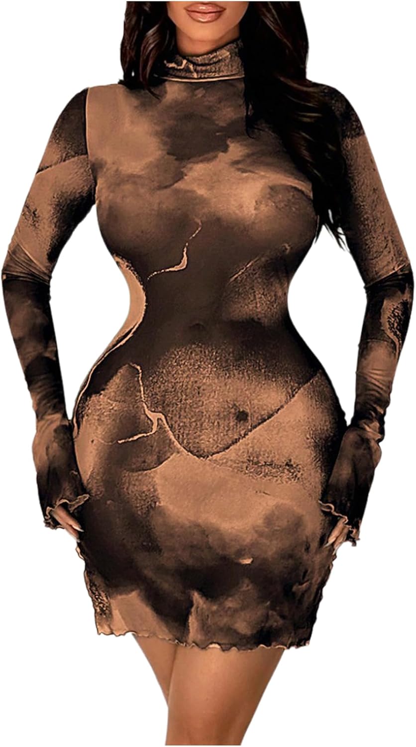Milumia Women's Leopard Print Sheer Mesh Mini Dresses Long Bell Sleeve See Through Bodycon Dress Party Club Rave