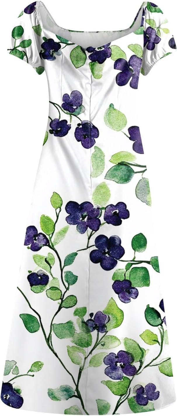 Women's Sundresses 2025 Summer Casual Loose Trendy Bubble Sleeve Square Neck Split Bow Floral Print Dress Plus Size, XS-3XL