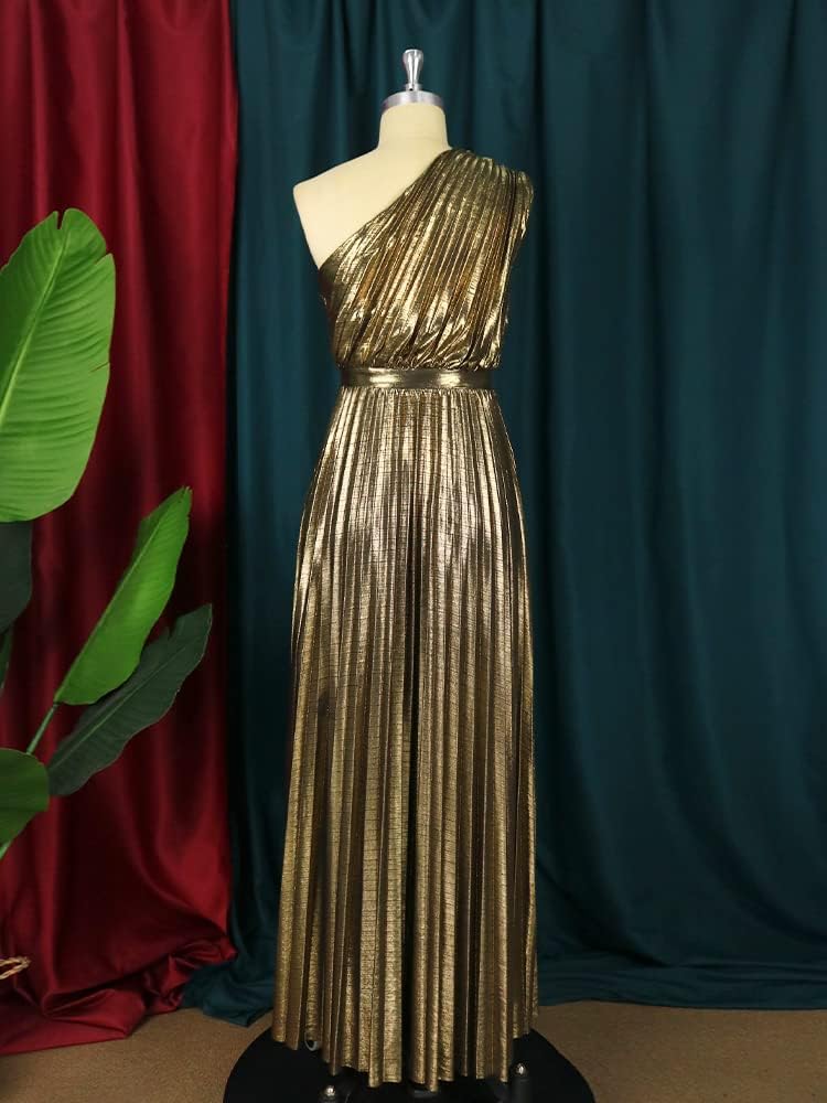 AOMEI Women's Luxury Metallic One Shoulder Sleeveless Elegant Pleated Long Dress