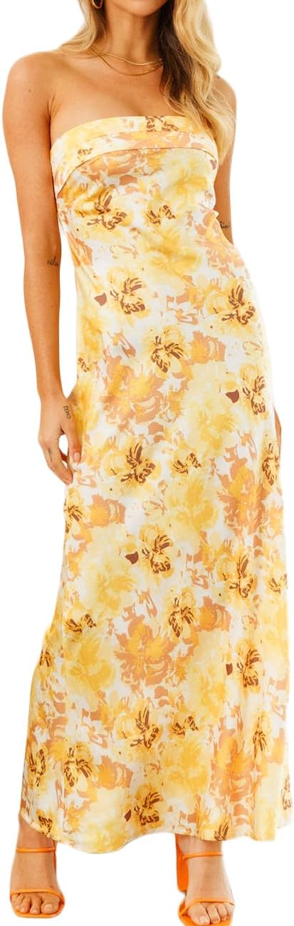 Realtix Satin Silk Backless Tube Tops Maxi Dress for Women Low Back Hollow Out Elegant Strapless Long Dresses Wedding Guest