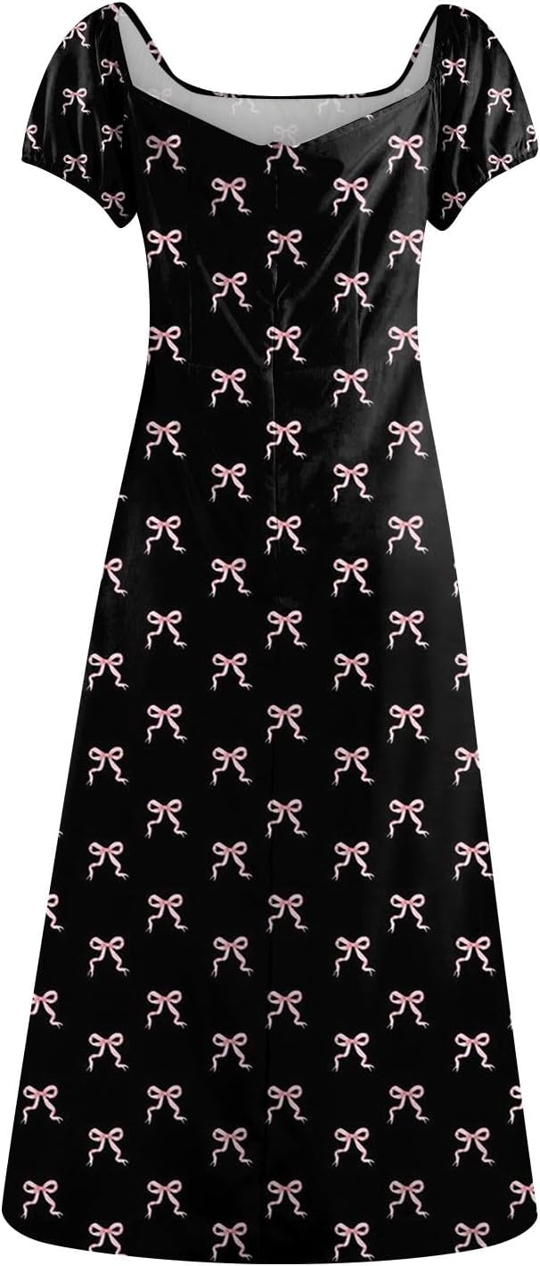 Women's Sundresses 2025 Summer Casual Loose Trendy Bubble Sleeve Square Neck Split Bow Floral Print Dress Plus Size, XS-3XL
