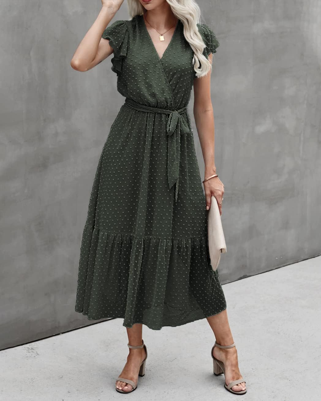 BTFBM Women Summer Bohemian Floral Casual Wrap V Neck Ruffle Cap Sleeveless Belt A-Line Pleated Hem Midi Sun Dress White