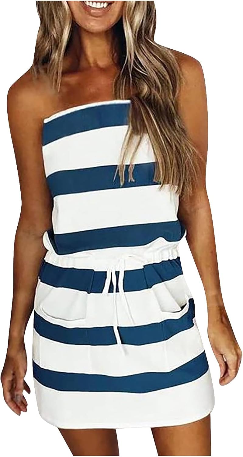 Women Summer Casual Striped Dress Drawstring Waist Tie Knot Mini Dresses Short Sleeve V Neck Tank Dress with Pocket