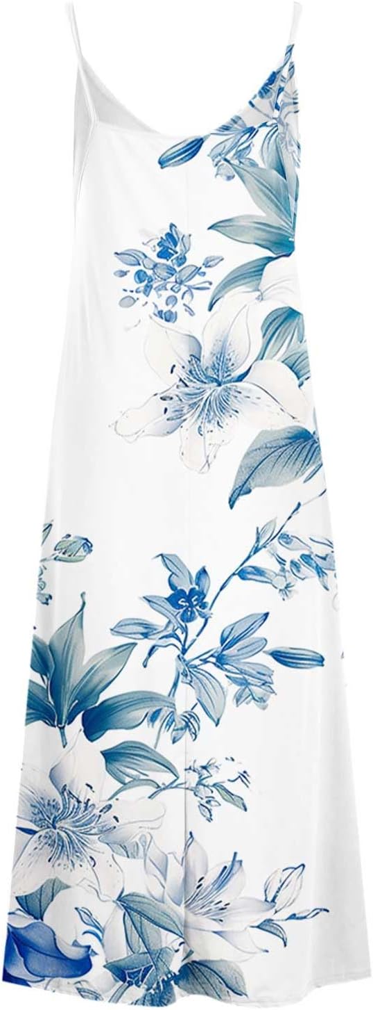 Womens Floral Maxi Dresses Spaghetti Strap Casual Summer Long Dress Vneck Flowy Boho Beach Sundress Vacation Outfits