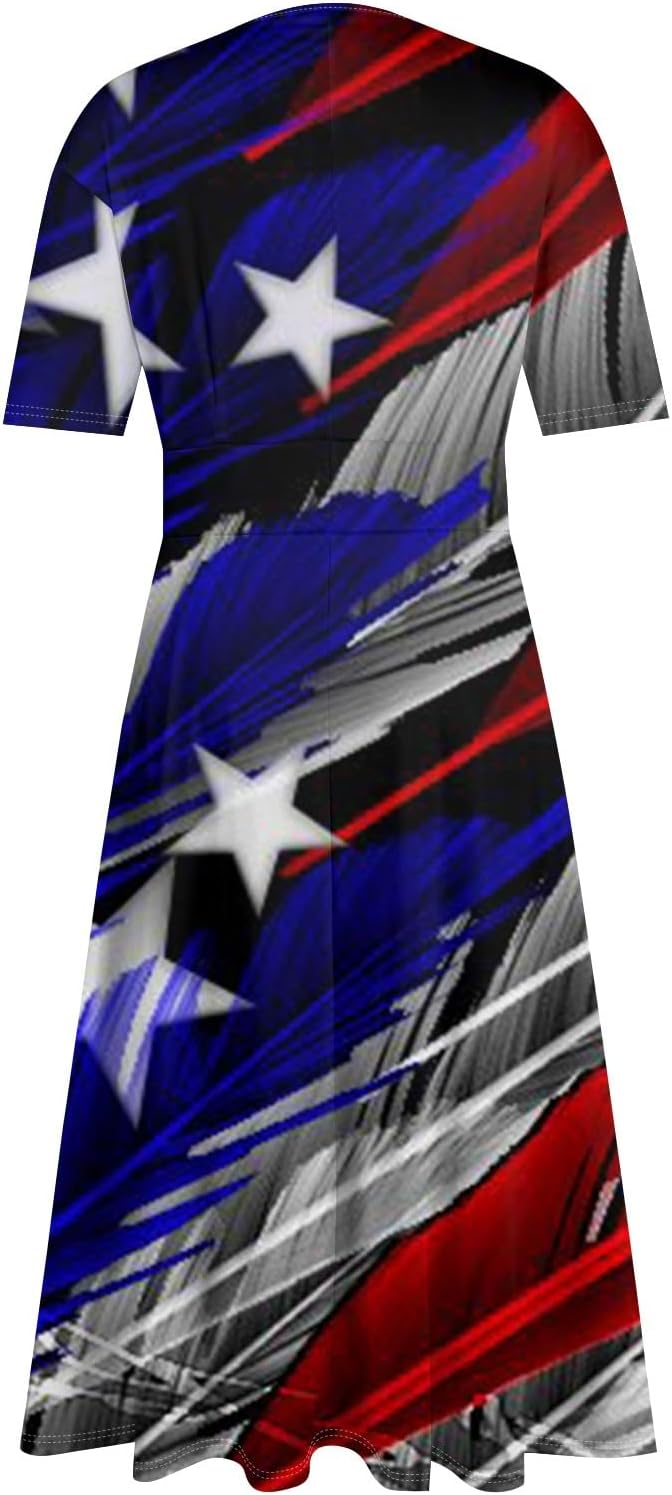 Women's Patriotic Star Print Midi Short Sleeve V-Neck Casual A-Line Dress for Summer Parties & Events