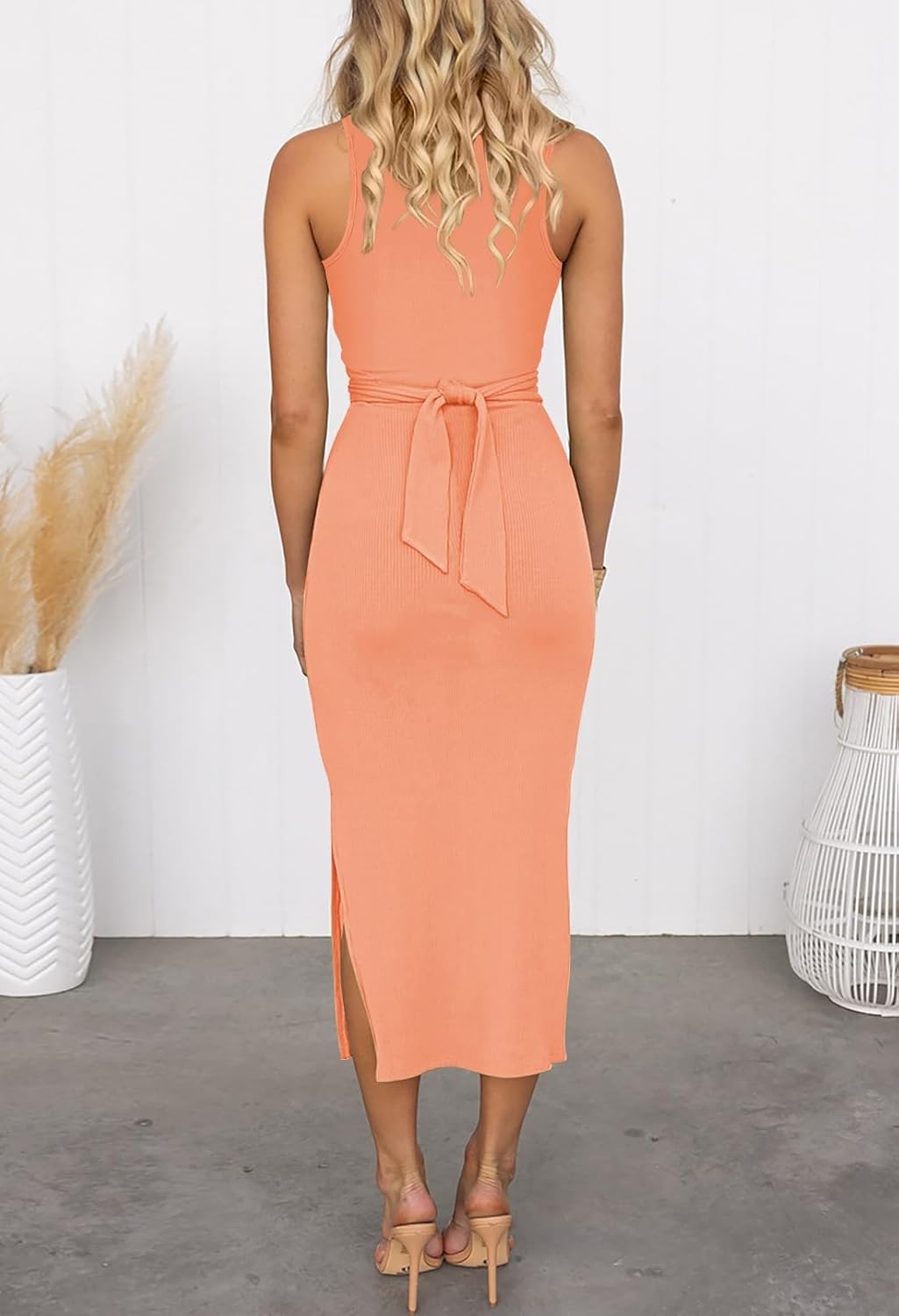 HUUSA Women's Sexy Sleeveless Cut Out Slim Bodycon Dress Crewneck Crisscross Twist Ruched Slit Ribbed Knit Tank Midi Dress