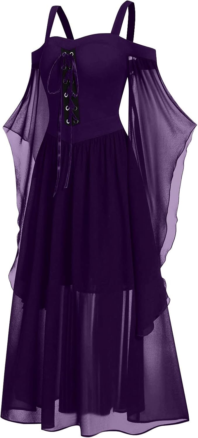 Women Casual Cold Shoulder Dress Solid Color Lace Butterfly Sleeve Halloween Retro Cocktail Party Gothic Prom Dress