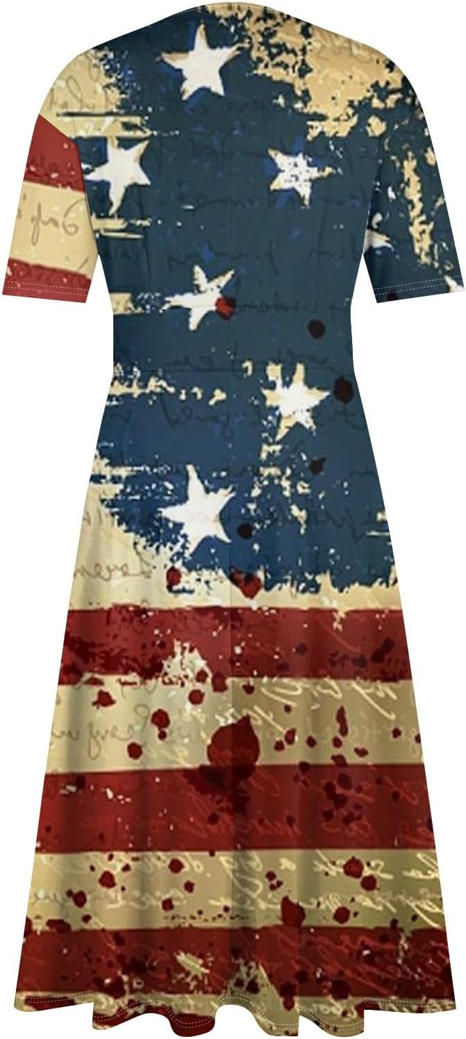 Women's Patriotic Star Print Midi Short Sleeve V-Neck Casual A-Line Dress for Summer Parties & Events