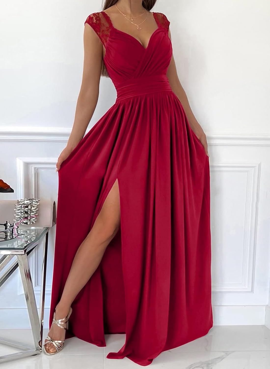 Dokotoo Womens 2025 Formal Dresses Wrap V-Neck Ruched Sexy Bridesmaid Wedding Guest Maxi Dresses