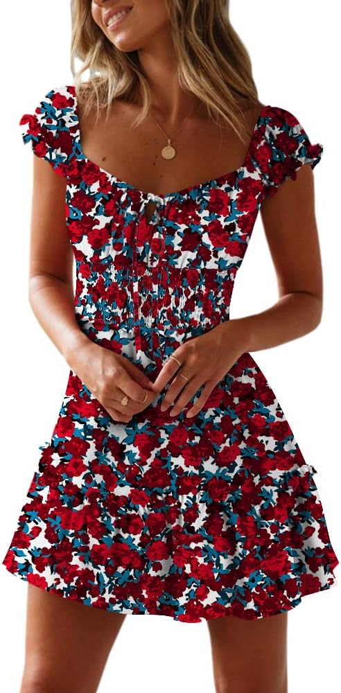 YOBECHO Women's Summer Ruffle Sleeve Sweetheart Neckline Printing Dress Mini Dress