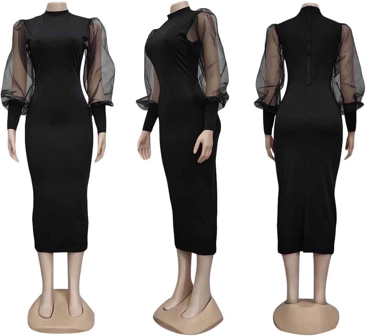 Ekaliy Women's See Through Bodycon Dress Sheer Mesh Long Puff Lantern Sleeve Dress Sexy Club Party Midi Dress Clubwear