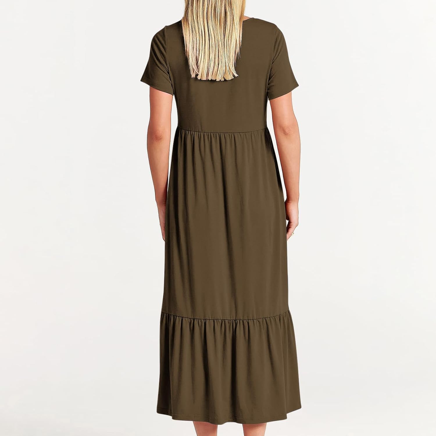 XUNRYAN Summer Dresses for Women 2024 Casual Calf Length Maxi Dress Pleated Flowy Tiered Swing Beach Sundress with Pockets