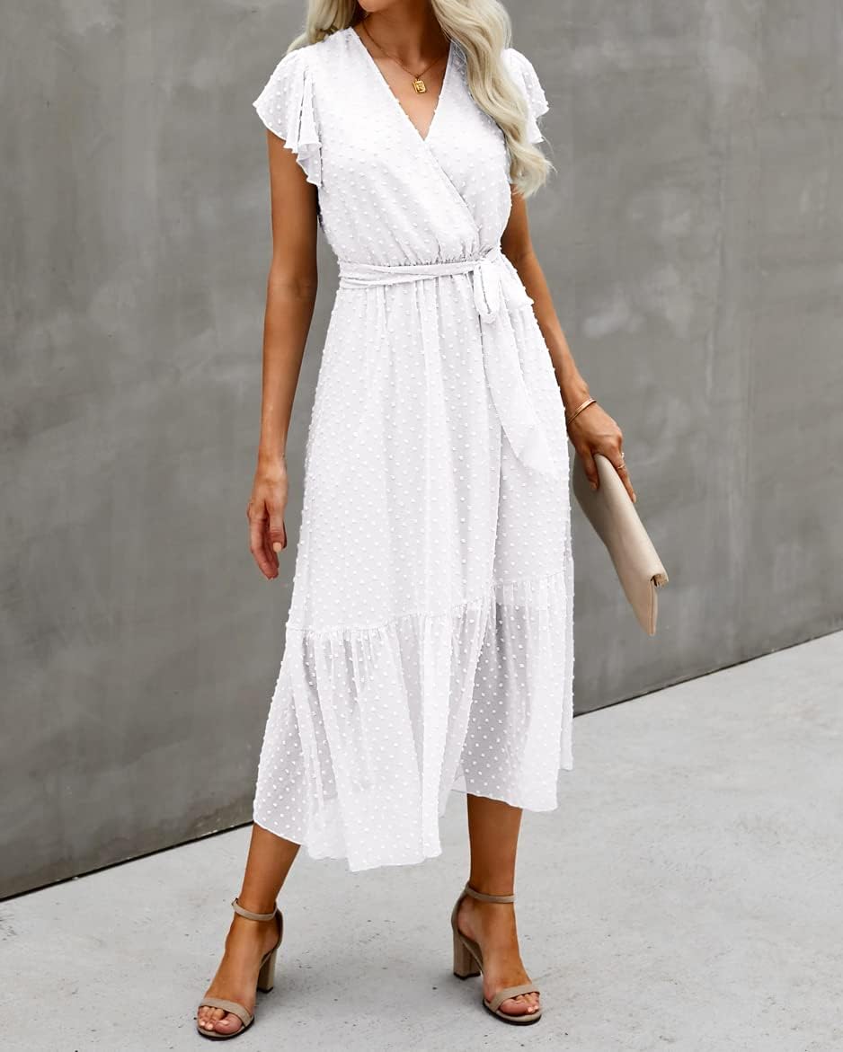 BTFBM Women Summer Bohemian Floral Casual Wrap V Neck Ruffle Cap Sleeveless Belt A-Line Pleated Hem Midi Sun Dress White