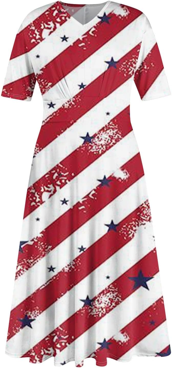 Women's Patriotic Star Print Midi Short Sleeve V-Neck Casual A-Line Dress for Summer Parties & Events