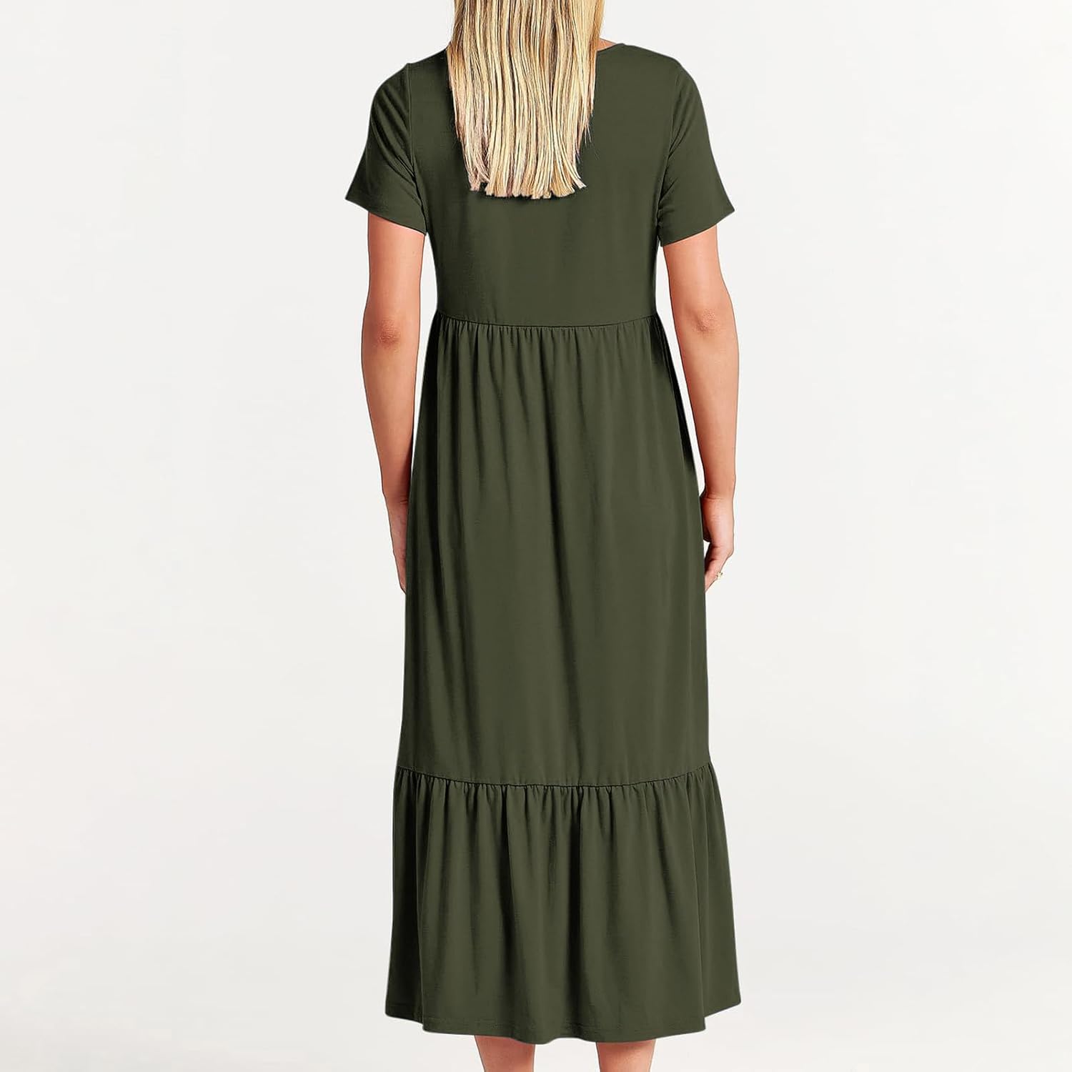 XUNRYAN Summer Dresses for Women 2024 Casual Calf Length Maxi Dress Pleated Flowy Tiered Swing Beach Sundress with Pockets