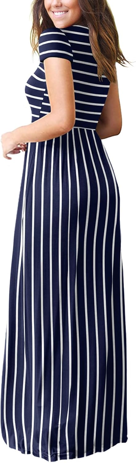 DEARCASE Maxi Dress for Women Short Sleeve Casual Summer Loose Plain Comfy Long Dresses with Pockets