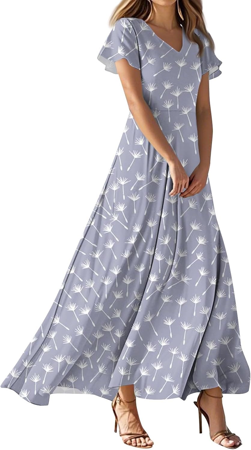 Womens Fashion V Neck Ruffle Short Sleeve Maxi Dress 2025 Summer Elegant Solid Color Flowy A Line Dresses